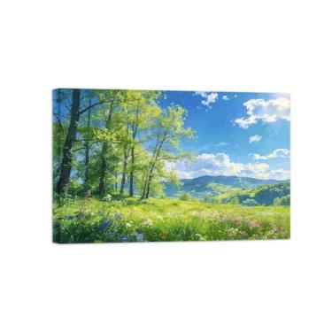 Imagem de BMZFYBS Impressão em tela de paisagem de arte de parede - nuvens de árvore de primavera - quadros de pintura de decoração para sala de estar pronta para pendurar tela emoldurada 80 x 120 cm 31 x 47