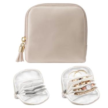 Imagem de QQM Estojo pequeno de joias de viagem, bolsa de joias de veludo macio com zíper, bolsa organizadora de joias pequena portátil para anéis, brincos, pulseiras, armazenamento compacto de joias para