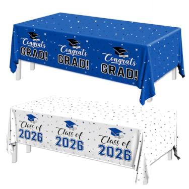 Imagem de Bezkega 2025 Decorações de graduação, toalha de mesa Congrats Grad, 2 peças, branco, azul marinho, Class of 2025, capas de mesa retangulares para artigos de festa de formatura, 274 x 137 cm (azul)