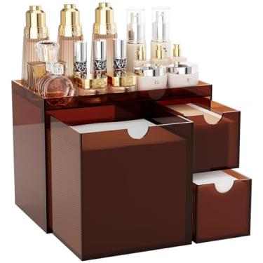 Imagem de Suporte de toalha de rosto de acrílico Youdepot com gaveta – Caixa organizadora descartável de 4 camadas – Armazenamento de bancada de banheiro para almofadas de algodão, cotonetes e cuidados com a