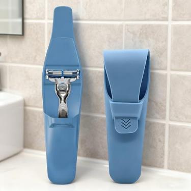 Imagem de Estojo de barbear de viagem para navalha de segurança e cartucho à prova d'água de silicone macio para barbeador de segurança, bolsa de transporte, Azul, Moderno
