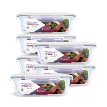 Imagem de Kit 6 Potes de Vidro Retangular com Tampa Hermética 2260ml (Branco)