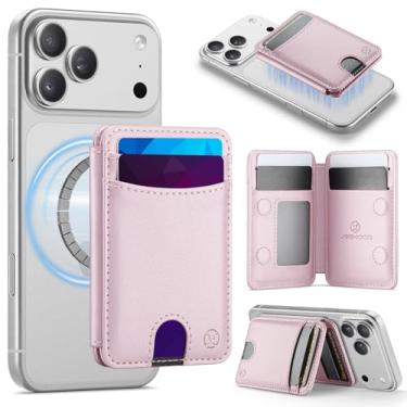 Imagem de Hongxinyu HXY Suporte magnético para cartão Magsafe, bloqueio RFID com suporte, 6 porta-cartões para capa de celular, carteira magnética de couro fino para iPhone 17/16/15/14/13/12 Pro/Max/Plus (rosa)