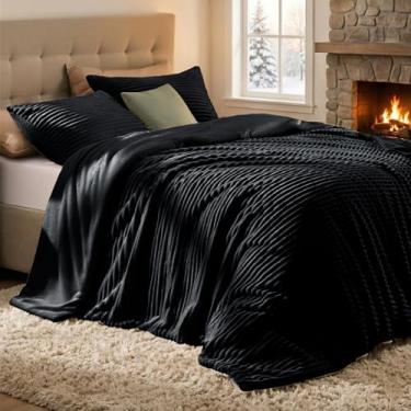 Imagem de Quataly Conjunto de edredom casal fofo com 3 peças – edredom de pele sintética preto macio e felpudo, tamanho casal, para inverno, 1 edredom alternativo de luxo com 2 fronhas