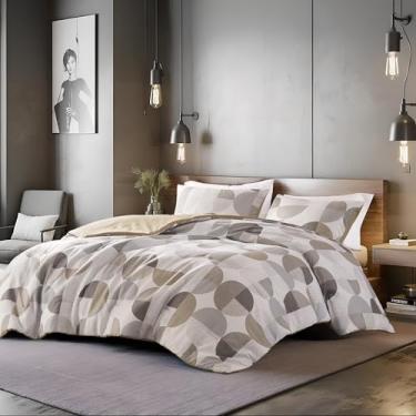 Imagem de Regency Heights Conjunto de edredom Queen estampado em três tons, 3 peças, microfibra ultramacia, quente e aconchegante para todas as estações, bege e cinza