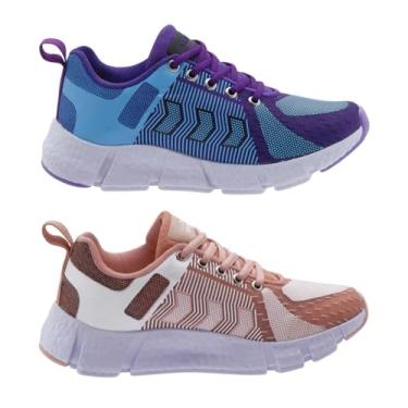 Imagem de Kit 2 Tênis Feminino Esportivo Max Leve e Confortável para Caminhada e Academia (Azul e Roxo + Nude, BR, Adulto, Numérico, 39)