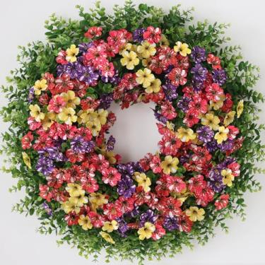 Imagem de Guirlanda de flores artificiais e eucalipto de 66 cm para porta da frente - guirlanda de flores artificiais de glória matinal e folhas de eucalipto, guirlanda de primavera e verão para decoração de
