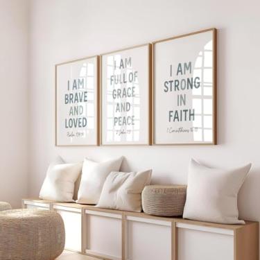 Imagem de Pôster de impressão em tela "I Am Brave And Loved Baby Boy" em 3 peças, pintura de versículo bíblico, imagens de parede, arte para sala de estar, decoração de berçário cristão com moldura interna de