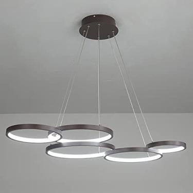 Imagem de Luminária pendente moderna com anel de LED para mesa de jantar, dimerizável e com controle remoto, altura ajustável, ideal para sala de estar, sala de jantar, escritório e quarto (5 anéis/63