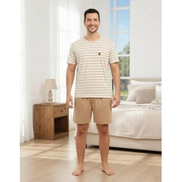 Imagem de Conjunto Pijama Masculino Premium Confortável Bege Listrado - - ALUNE 