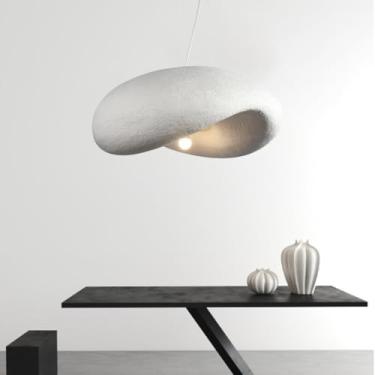Imagem de Luminária pendente Wabi-sabi moderna branca, ideal para mesa de jantar, com cúpula em imitação de pedra em formato de ninho de pássaro, soquete E27. Perfeita para sala de estar, quarto, sala
