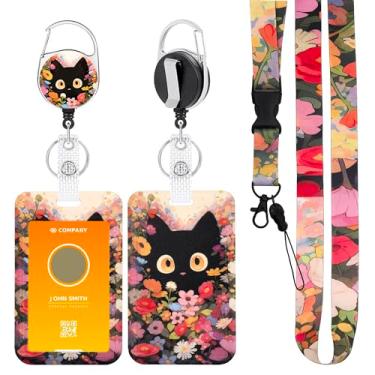 Imagem de Porta-crachá de identificação com clipe retrátil e cordão lindo chaveiro de flor de gato preto para professores de enfermagem, estudantes, funcionários de escritório (A)