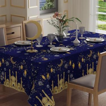 Imagem de XCHI Golden Castle Luas Estrelas Lanterna Fogos de Artifício Ramadã Kareem Toalha de Mesa Retangular Capa de Mesa para Decoração de Festa de Jantar em Casa 152 x 264 cm