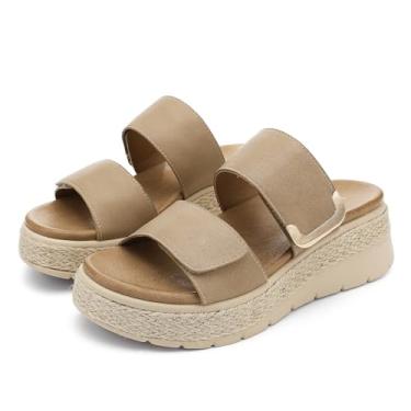 Imagem de UBFEN Sandálias femininas de plataforma de salto baixo, alpargata, confortável, suporte de arco, bico aberto, duas alças, elegante, casual, praia, verão, caminhada, sapatos, Caqui, 35