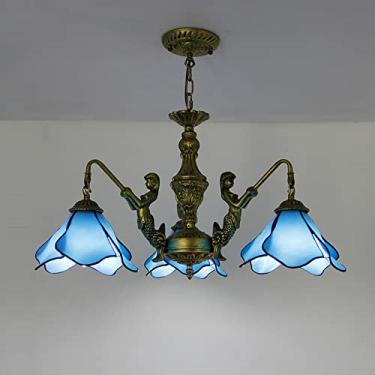 Imagem de Lustre estilo Tiffany, luminária pendente vintage em vitral, altura ajustável, lâmpada de teto LED E27 para decoração de sala de estar, quarto e sala de jantar, azul, 3 luzes.