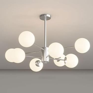 Imagem de Lustres modernos com múltiplas lâmpadas e cúpulas de vidro branco em formato de globo para teto, ideais para quartos, salas de estar, cozinhas, ilhas e mesas de jantar.