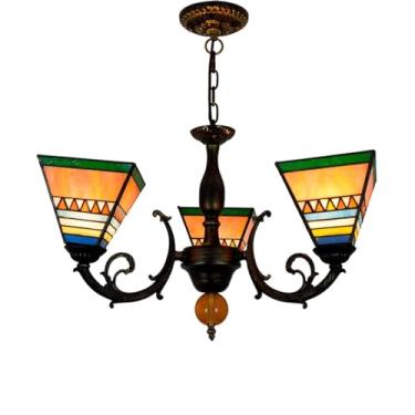 Imagem de Lustre Tiffany de 3 lâmpadas e 15 cm, luminária de teto em vitral em formato de pirâmide, estilo vintage, para sala de jantar, sala de estar, quarto, corredor ou hall de entrada.