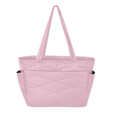 Imagem de Burbuja Bolsa feminina lisa rosa azaléia, bolsa de mão fofa com bolsos, leve e acolchoada para laptop, para viagem, escola, trabalho, academia
