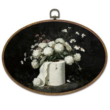 Imagem de kdqua Decoração de parede oval de banheiro floral escuro, arte em tela de papel higiênico de flor branca, decoração de parede de banheiro Moody Cottagecore para banheiro, spa, 28 x 21 cm