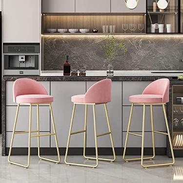 Imagem de Banquetas de bar, conjunto de 3 bancos de bar, bancos de bar com altura do balcão para cozinha, sala de jantar e sala de estar, assento acolchoado de veludo, pernas de metal dourado, altura do bumbum