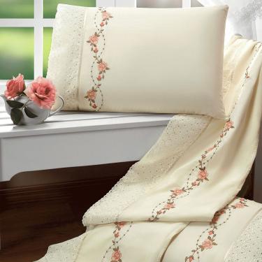 Imagem de Jogo Cama Lençol Bristol Queen Percal Bordado 180 Fios 4 Peças - Palha Floral