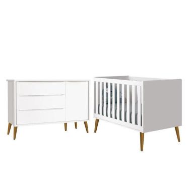 Imagem de Jogo De Quarto Infantil Theo Retrô Cômoda 1 Porta E Berço Branco Fosco Com Pés Amadeirado - Reller Móveis Branco Fosco