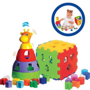 Imagem de Kit Brinquedo Infantil Educativo Bebê Didático Montar Cubo + Girafa Me