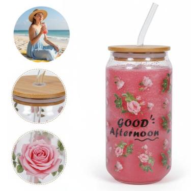 Imagem de Copo De Vidro com Tampa E Canudo Flor Good Afternoon 600ml - Tesla Sto