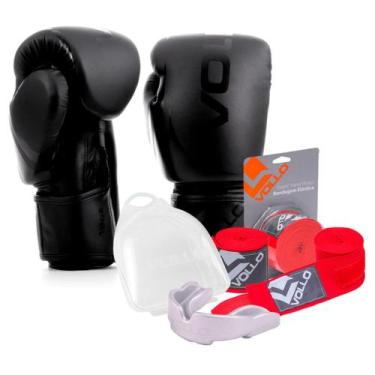 Imagem de Kit Boxe Muay Thai Luva 14Oz Preto + Protetor Bucal + Bandagem Vermelh