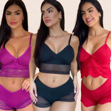 Imagem de Kit 3 Conjuntos Canelado Sem Bojo Renda Sem Ferrinho Revenda Atacado -