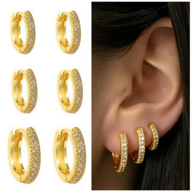 Imagem de Kit Trio Argolinha cravejada click Ouro 18k banhada 3 furos - Morganit