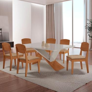 Imagem de Mesa de Jantar Yasmin 180cm Tampo MDF Vidro Canto Copo com 6 Cadeiras Copper