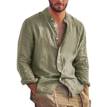 Imagem de Camisa Masculina De Linho De Manga Longa, Cor Sólida, Casual, Leve, Re