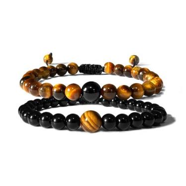 Imagem de Kit 2 Pulseiras Pedra Natural Ônix E Olho De Tigre Ajustáveis - Leão d