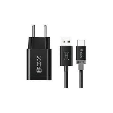 Imagem de Carregador para Celular Kit Fonte + Cabo Usb-Tipo-C Preto Hrebos