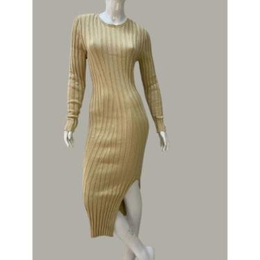 Imagem de Vestido Tricot Fenda Estilo Elegante Outono Inverno Longo Midi Modal -