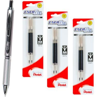 Imagem de Pentel Energel 0,7 liga Rt Bl407 tinta de gel preta com 3 pacotes de recargas, barril de prata, 0,7 mm ponto médio, 6 recargas