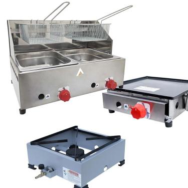 Imagem de Kit Lanchonete Fogão Portátil 1 Boca + Chapa 30cm e Fritadeira Profissional 2 Cubas Alcamar