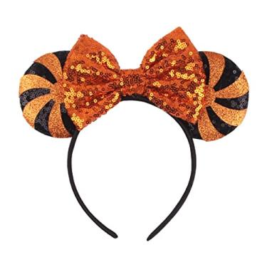 Imagem de Laço de orelhas de rato de Natal Halloween arco para mulheres meninas, faixa de cabelo de lantejoulas glitter orelha de gato acessórios de cabelo (pirulito laranja)