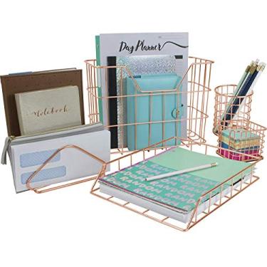 Imagem de Sorbus Conjunto organizador de mesa, conjunto de acessórios de mesa em ouro rosa com 5 peças, inclui suporte para porta-lápis, classificador de cartas, bandeja para pendurar arquivos e suporte de notas adesivas para casa ou escritório (cobre)