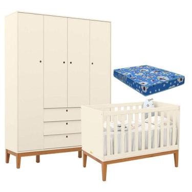 Imagem de Berço Americano e Guarda Roupa Unique 4 Portas Off White Eco Wood com Colchão Ortobom - Matic