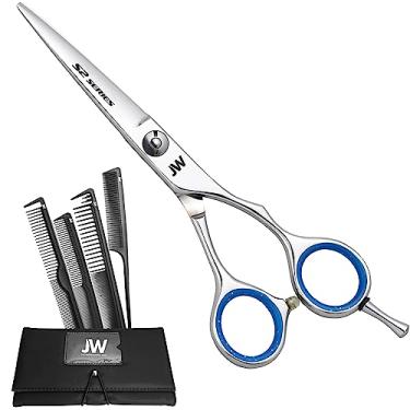 Imagem de JW S2 Tesoura de cabelo profissional e 6 peças Conjunto de pente de carbono profissional (17,78 cm mão direita do barbeiro)