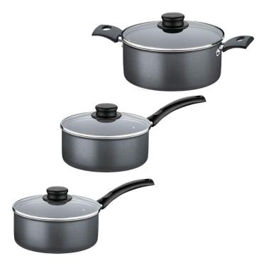 Imagem de Kit Com 3 Panelas Antiaderente Tampa de Vidro 16 Cm, 18 Cm e 20 Cm Tramontina Turim Grafite