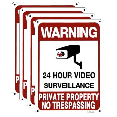 Imagem de PHTTULE Placas de vigilância por vídeo, pacote com 4 placas de segurança privadas sem invasão, placa de câmera de segurança externa de alumínio impresso UV de 25,4 x 17,8 cm para casa, negócios e