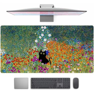Imagem de Tapete de mesa fofo gato preto pintura a óleo arte floret tapete de mesa decoração de mesa grande tapete de mouse para jogos, GG mousepad feminino decoração de mesa de escritório laptop teclado mouse