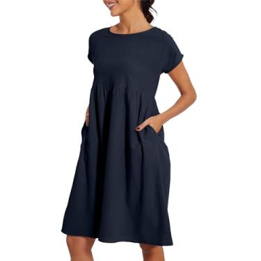 Imagem de Vestidos de verão para mulheres 2024 novo vestido feminino de gola redonda casual e confortável de algodão manga curta vestido de praia com, Azul marino, 5G