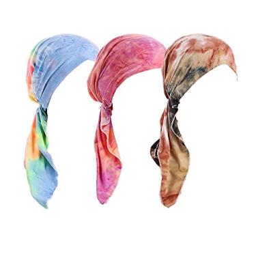 Imagem de DINPREY Lenço de cabeça larga pré amarrado para mulheres, turbante longo, bandanas para a cabeça, bandana, quimioterapia, bandana, Tie Dye 3 peças I, tamanho �nico