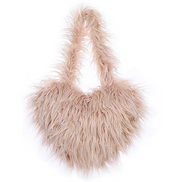 Imagem de Bolsa de ombro feminina de pele sintética de lã retrô bolsa de ombro fofa bolsa transversal bolsa de cor sólida em forma de amor, Caqui