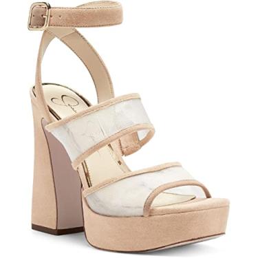 Imagem de Jessica Simpson Drixi Nude Mesh Block Heel Strap Ankle Strap Open Toe Sandália de salto alto, 8,5, Amêndoa/transparente, 38