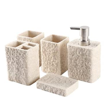 Imagem de Casa de campo Arenito dispensador de sabão acessórios conjunto fosco textura bancada do banheiro conjunto premium decoração do banheiro dispensador sabão branco Garrafa com bomba